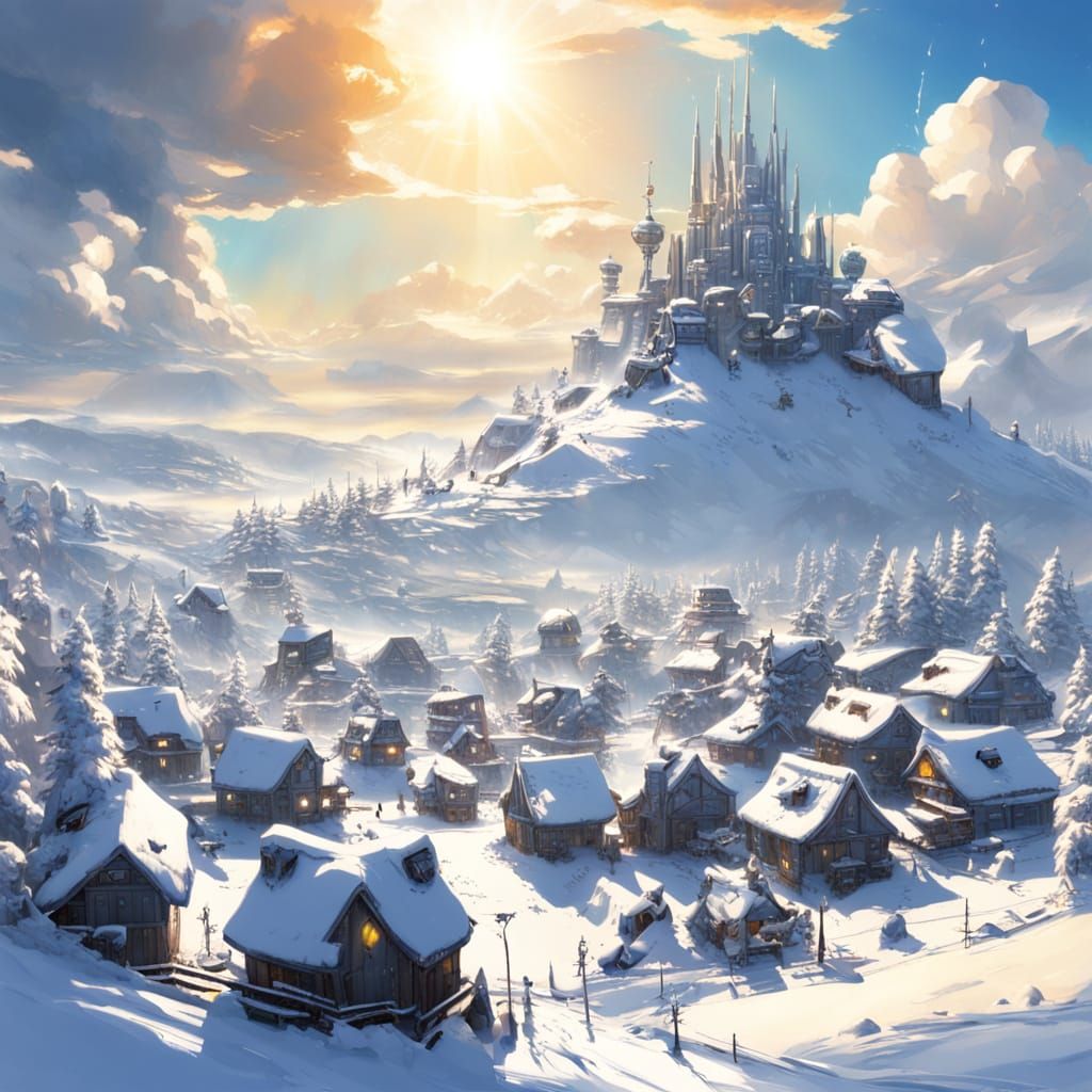 Mech Battles Disrupt Snowy Village in Anime Style