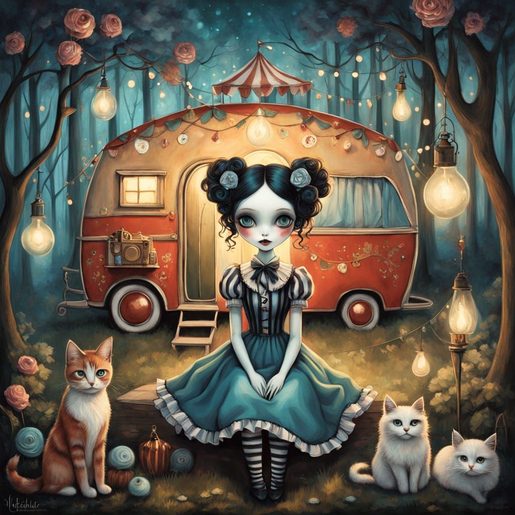Enchanting Whimsy: Doll-Like Girl and Curious Kitten
