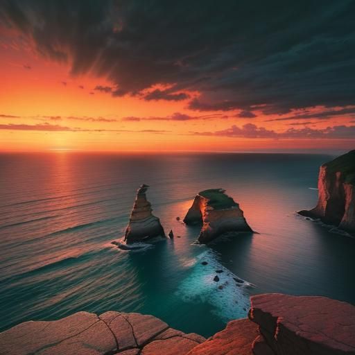 Impressionist Sunset Landscape with Sailor Silhouette