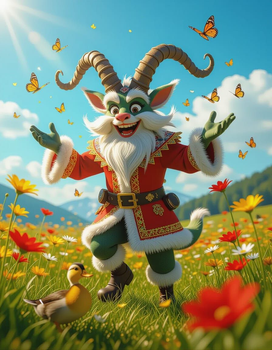 Joyful Krampus Transforms in Sunny Flower Meadow 3D Art