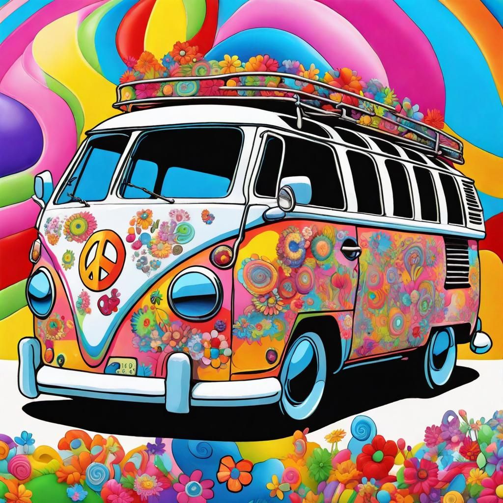 Colorful Peace Bus in Peter Max Candy Art Style