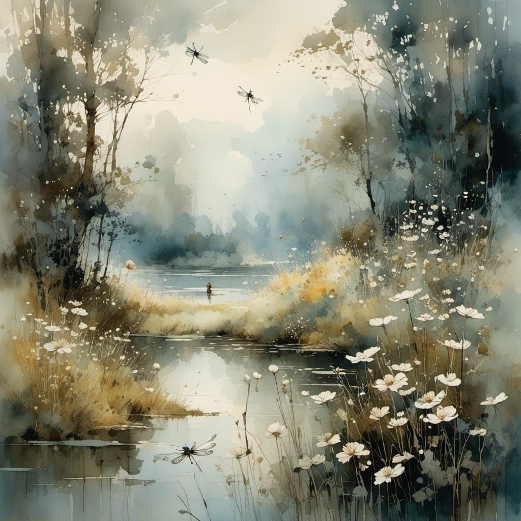 Forest Lake with Wildflowers and Dragonflies