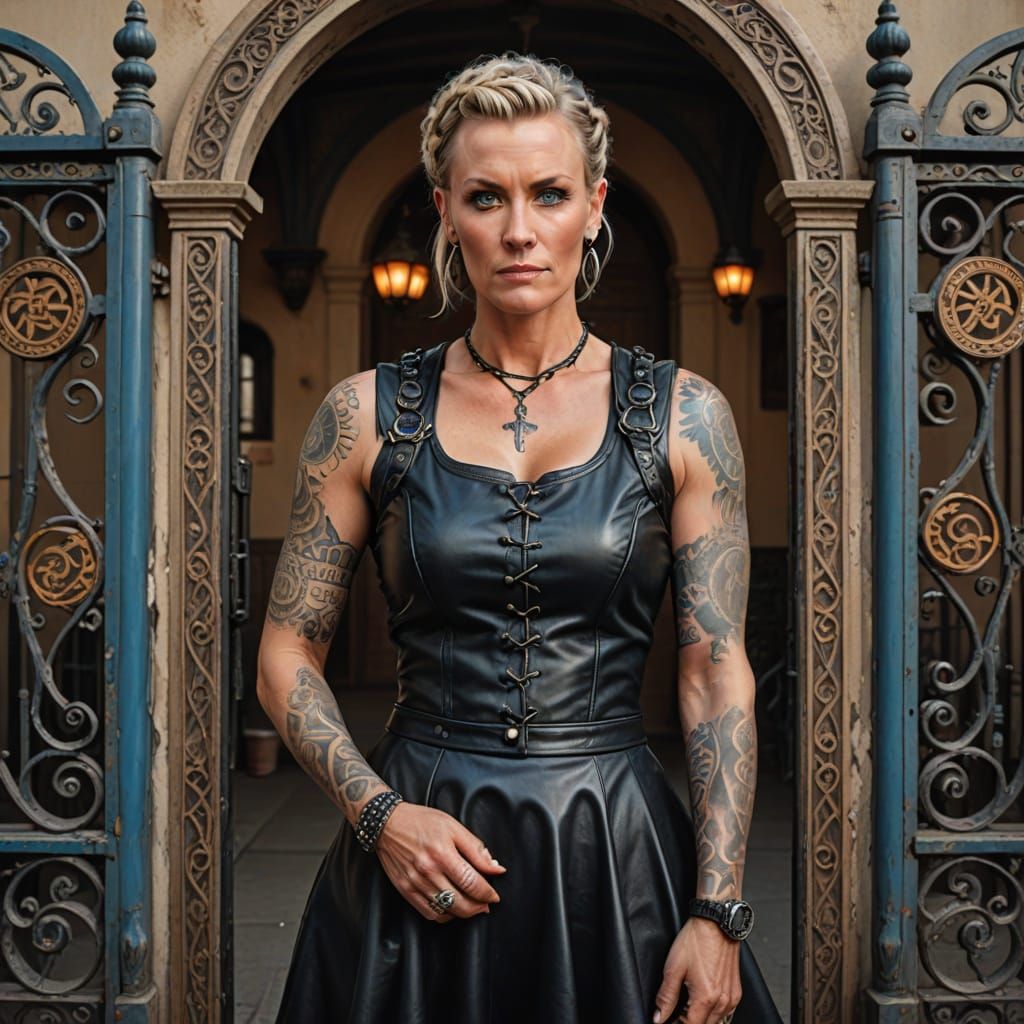 Hyperrealistic Woman with Braided Mohawk in Leather Dress