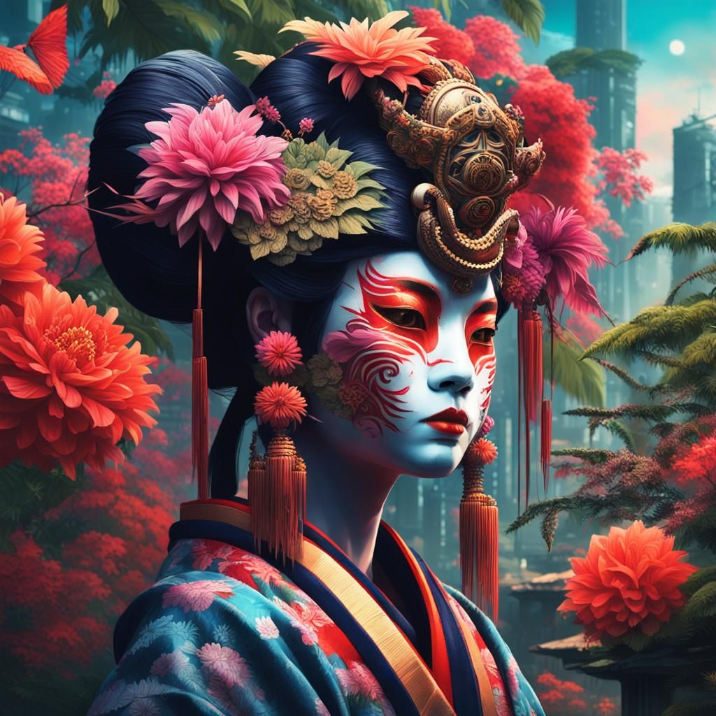 Geisha in Apocalyptic Neon City with Namahage Mask
