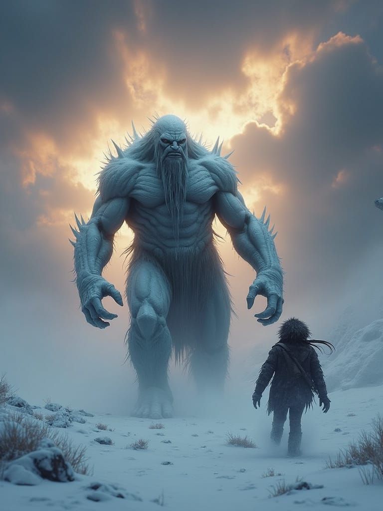 Ice Giant in Snowstorm: Cinematic Dark Fantasy Art