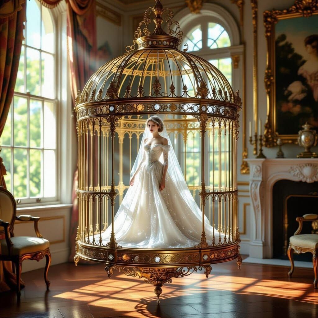 Ethereal Princess Trapped in Opulent Victorian Birdcage