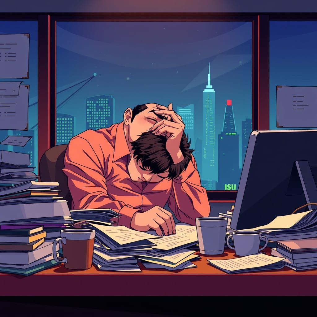 Frustrated Office Worker in Anime Style