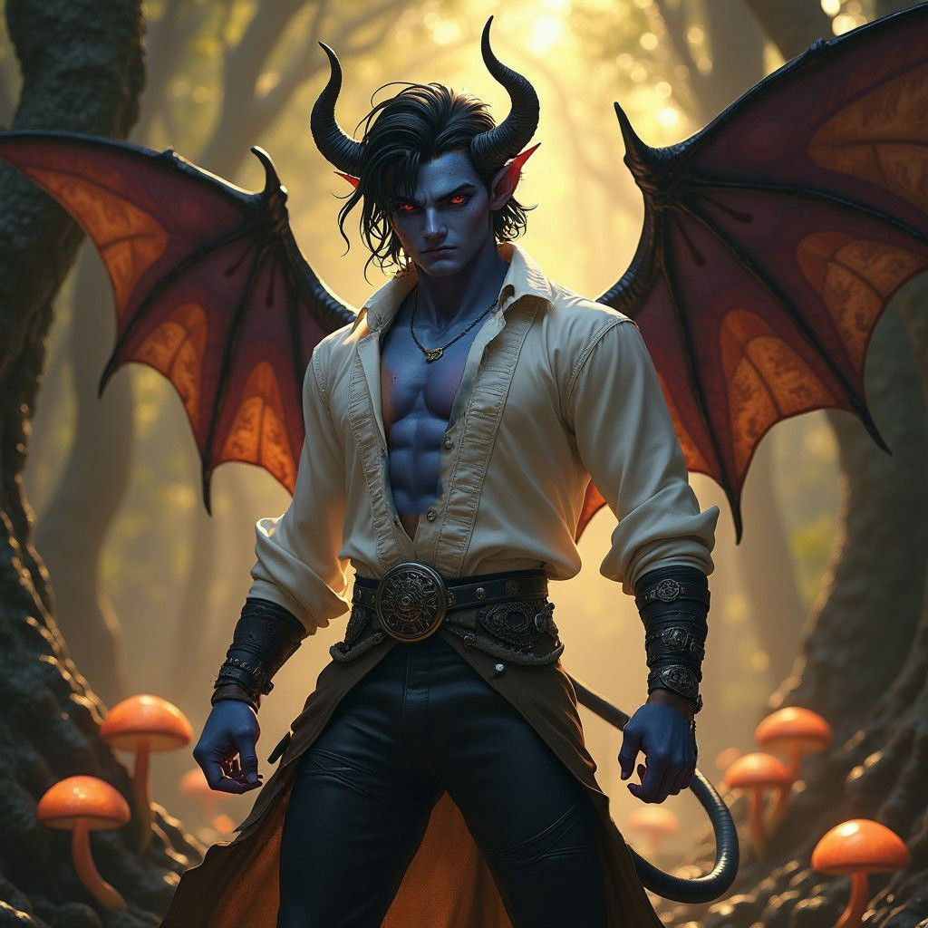 Tiefling Hunter with Sapphire Skin: Fantasy Concept Art