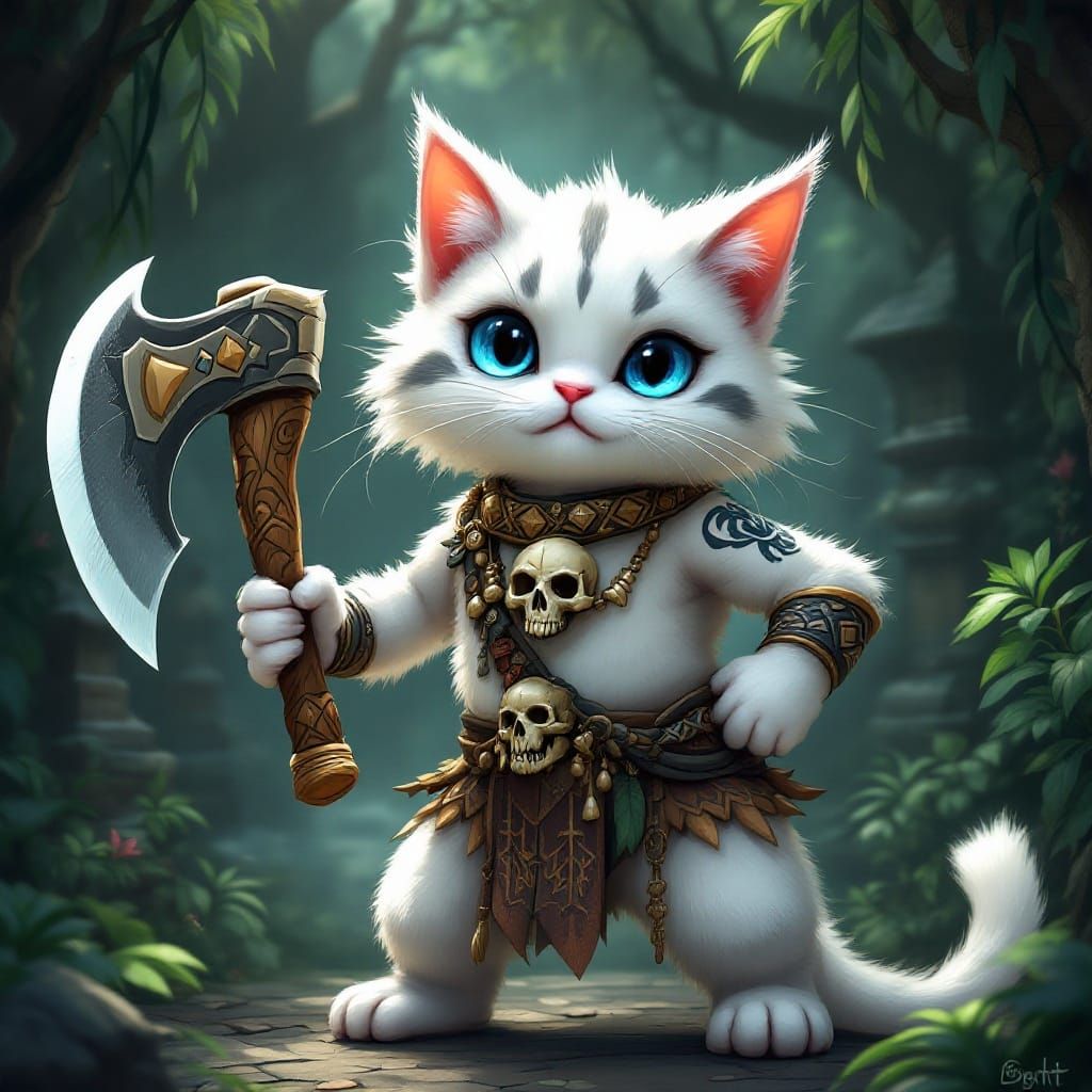 Cyberpunk Warrior Cat in Rainforest Ruins