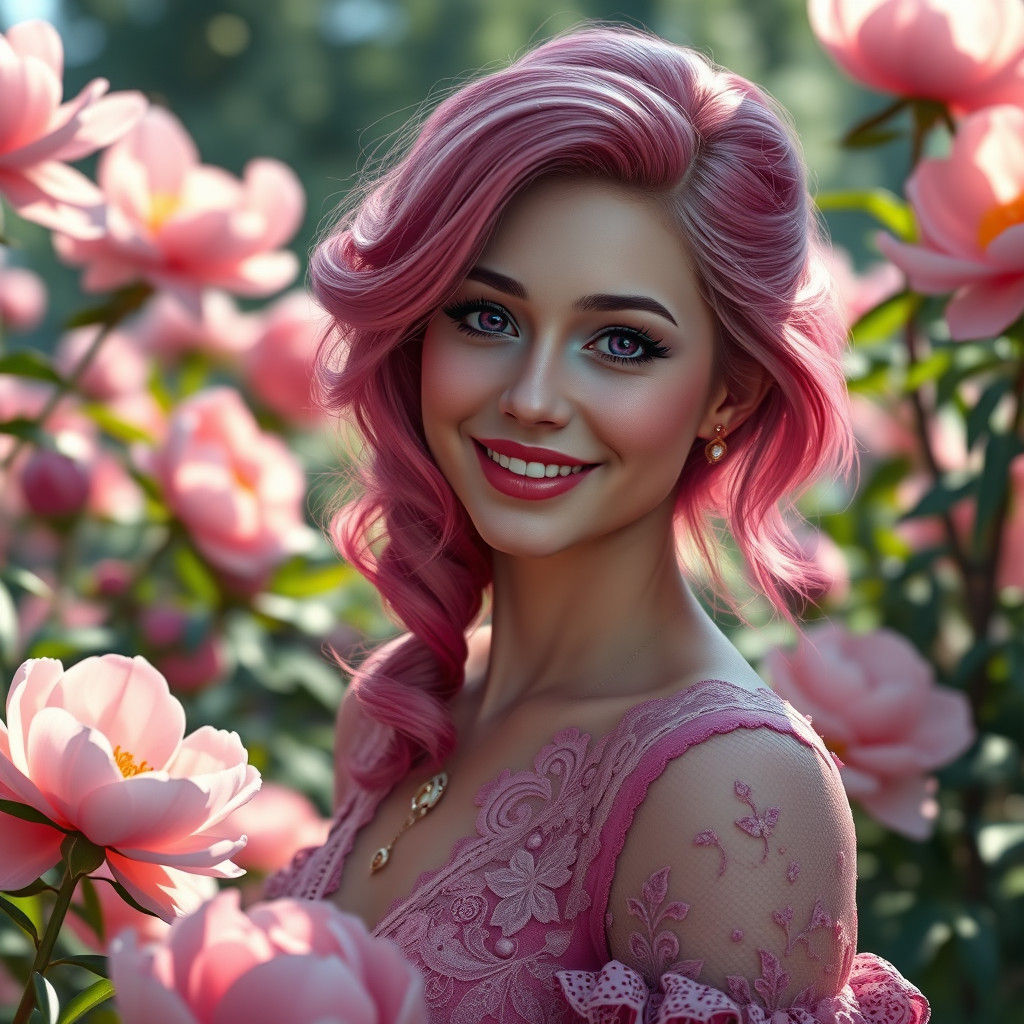 Pink-Haired Woman in Peony Garden, Hyperdetailed Portrait