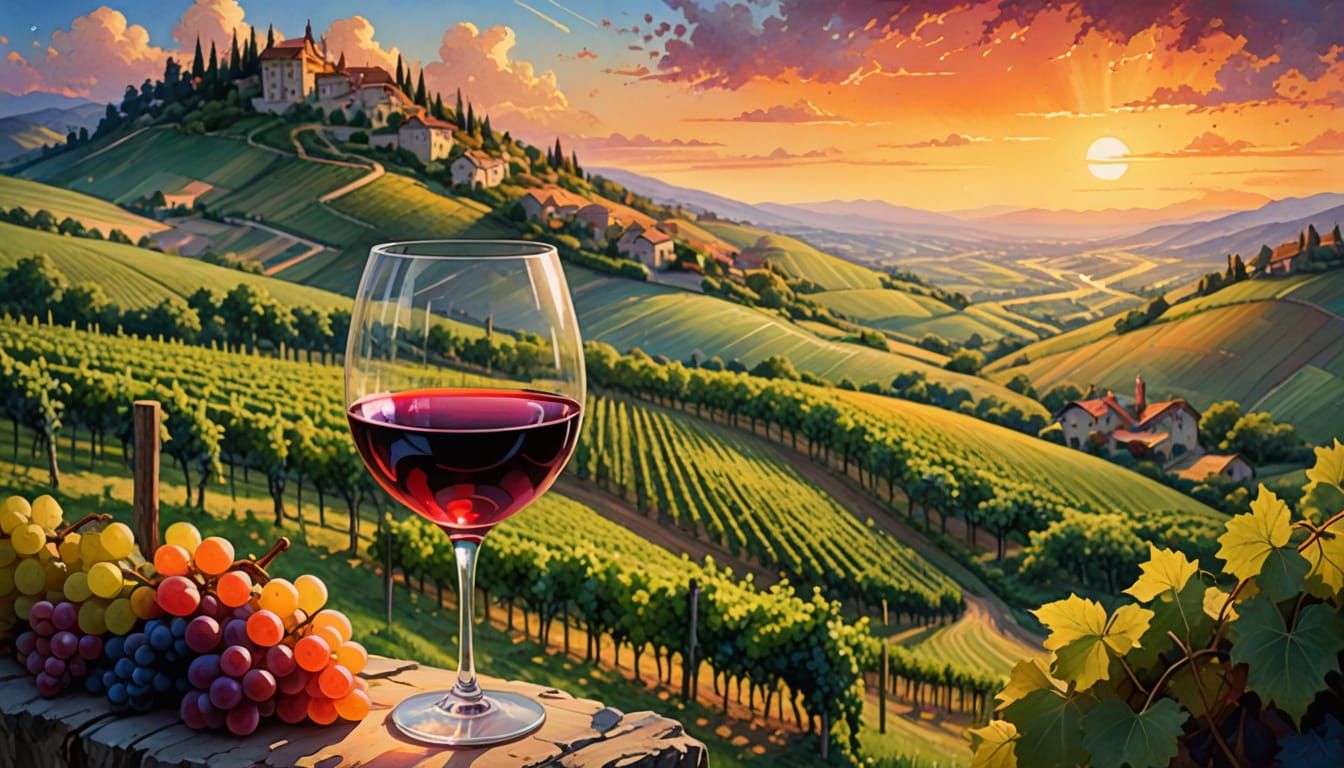 Romantic Watercolor Sunset Vineyard Scene