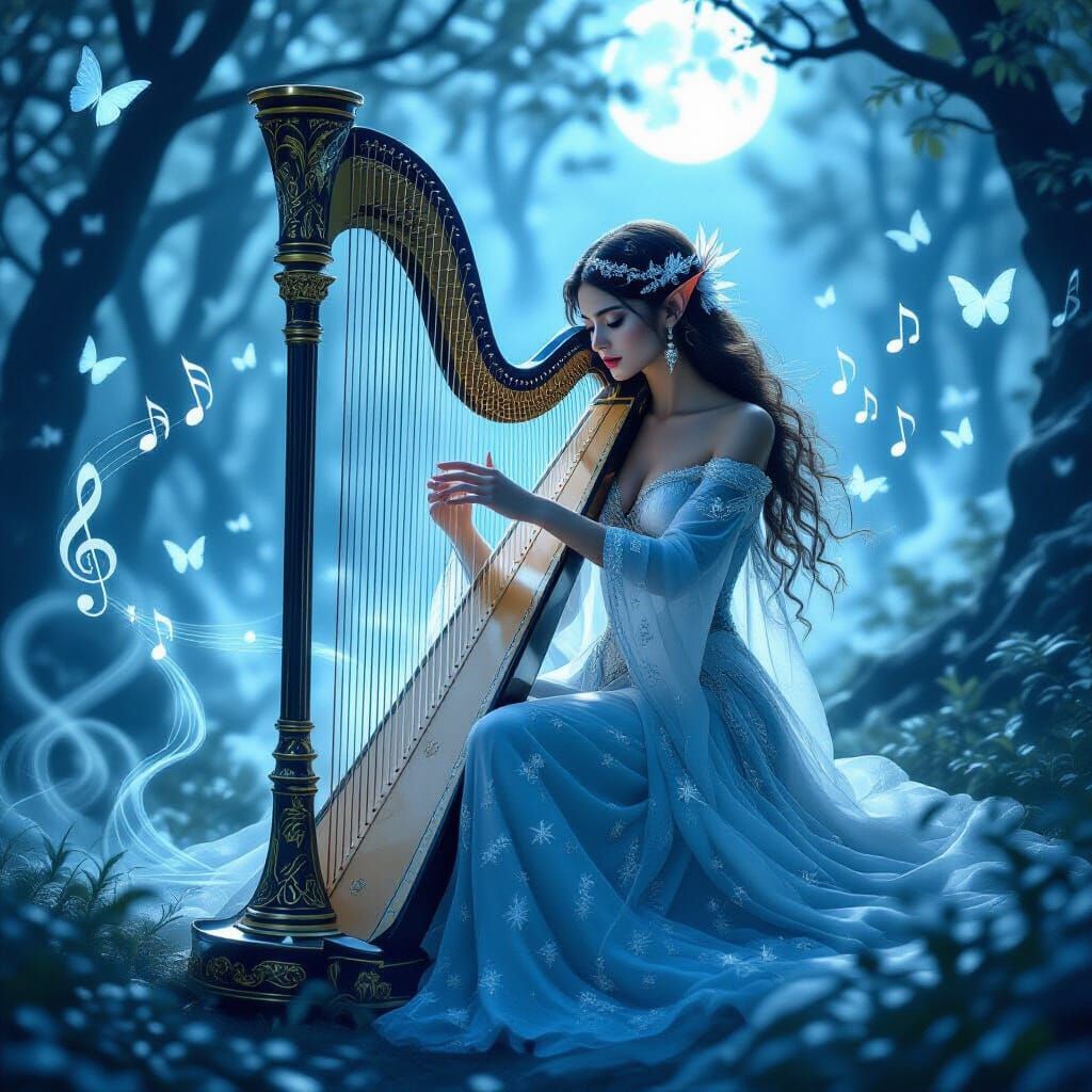 Elven Musician Plays Glowing Harp in Moonlit Forest