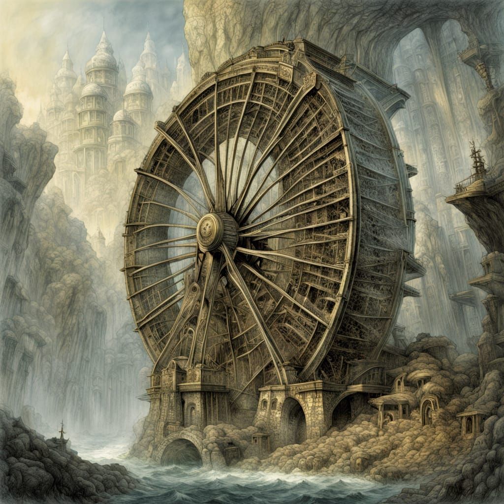 Surreal Water Wheel Sails Through the Sky City