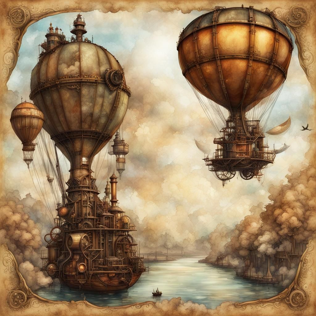 Steampunk Airship Over Countryside in Watercolor Style