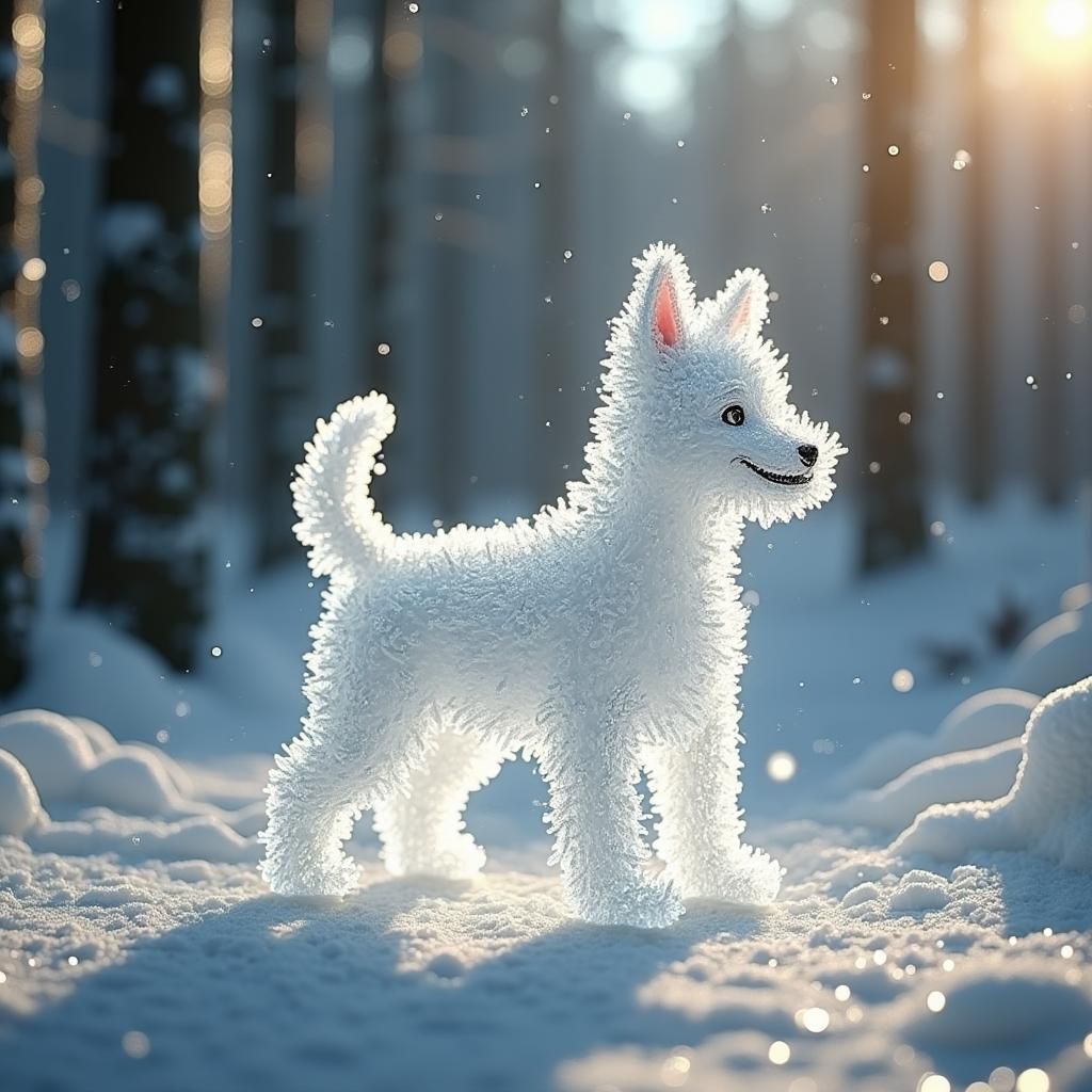 Snow Dog in Winter Forest: Crystalline Fantasy