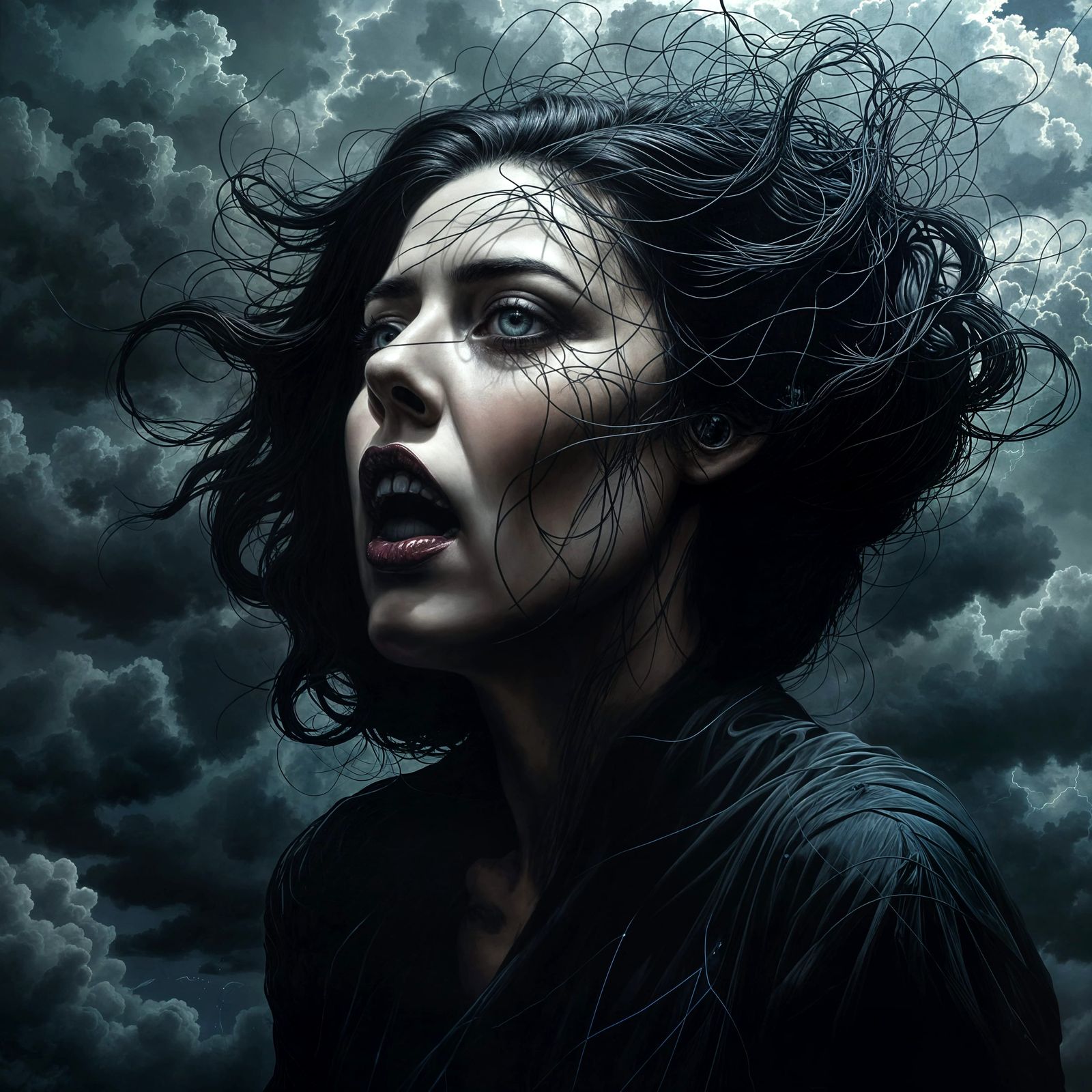 Abstract Woman Obscured by Clouds in Eerie Painting