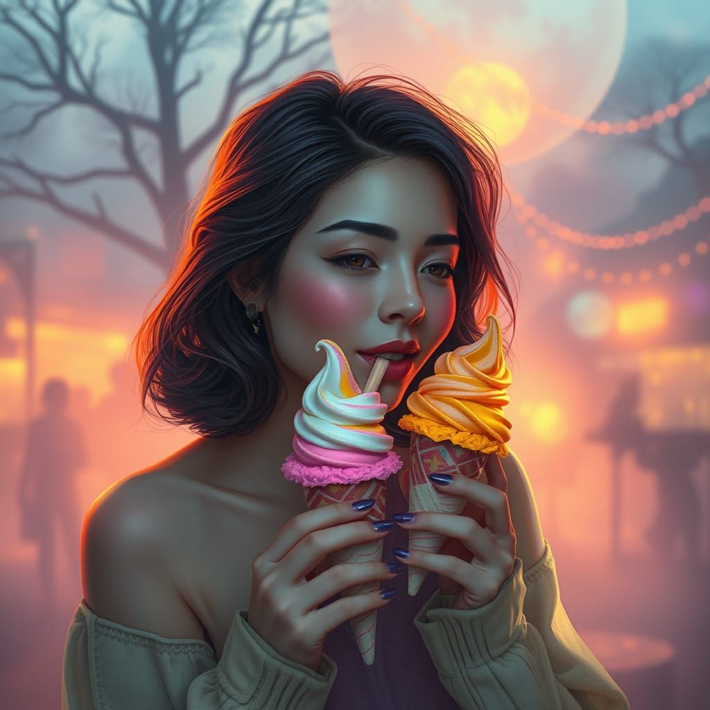Woman Enjoys Ice Cream in Ethereal Mist