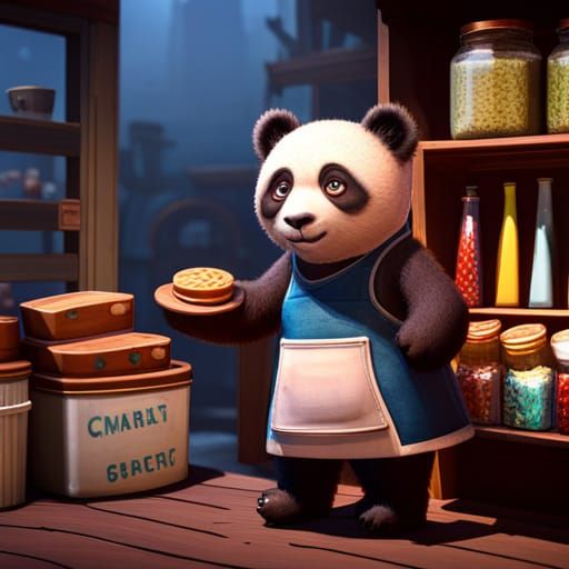 Panda Bear Store Clerks in 3D Cinematic Style