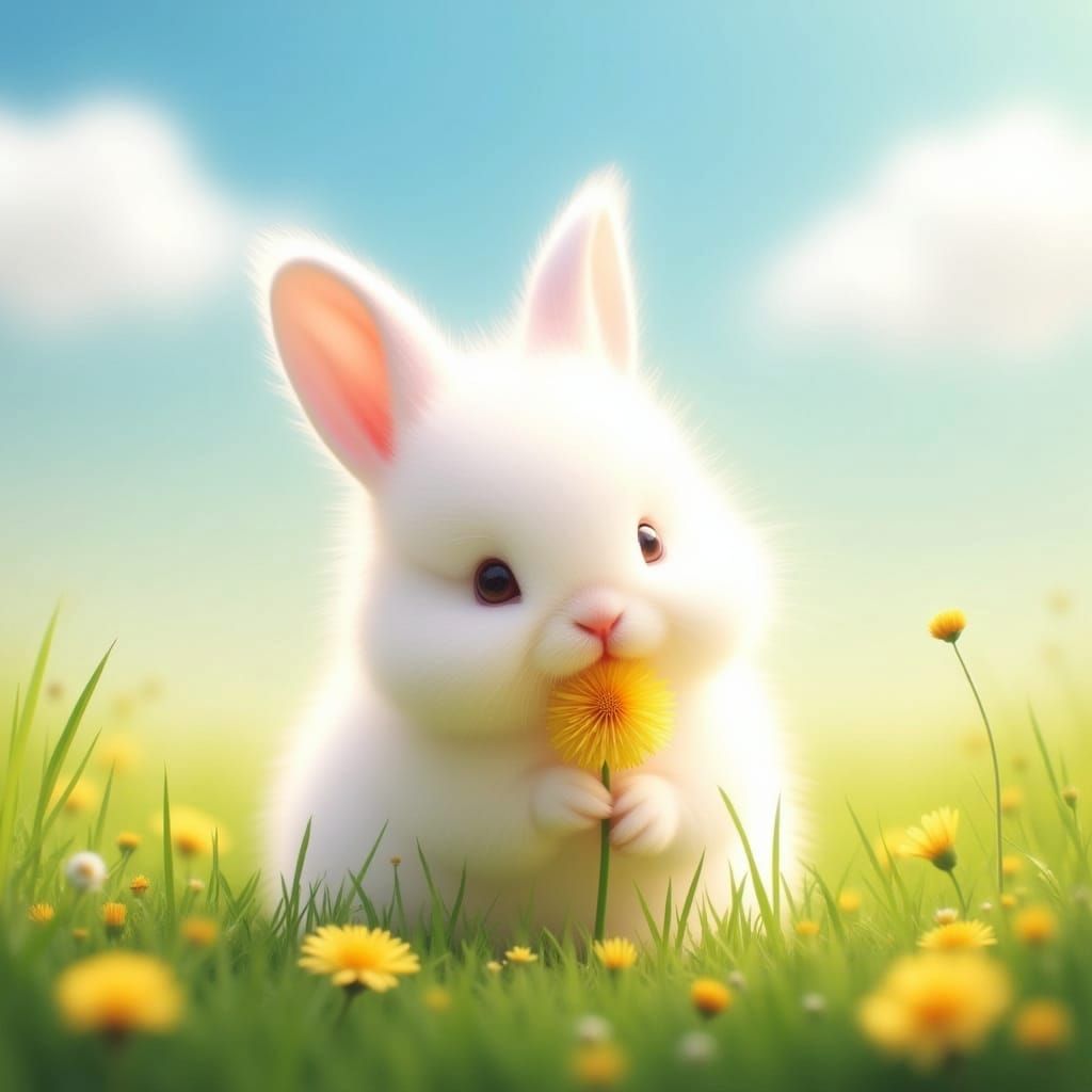 Adorable White Bunny Holds Yellow Dandelion in Meadow