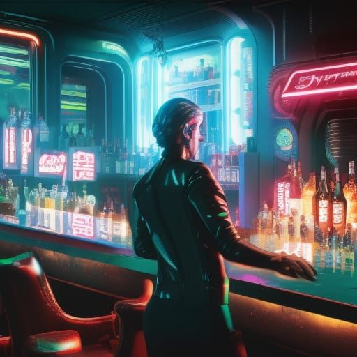 Cyberpunk Bar Scene with Robot Bartender