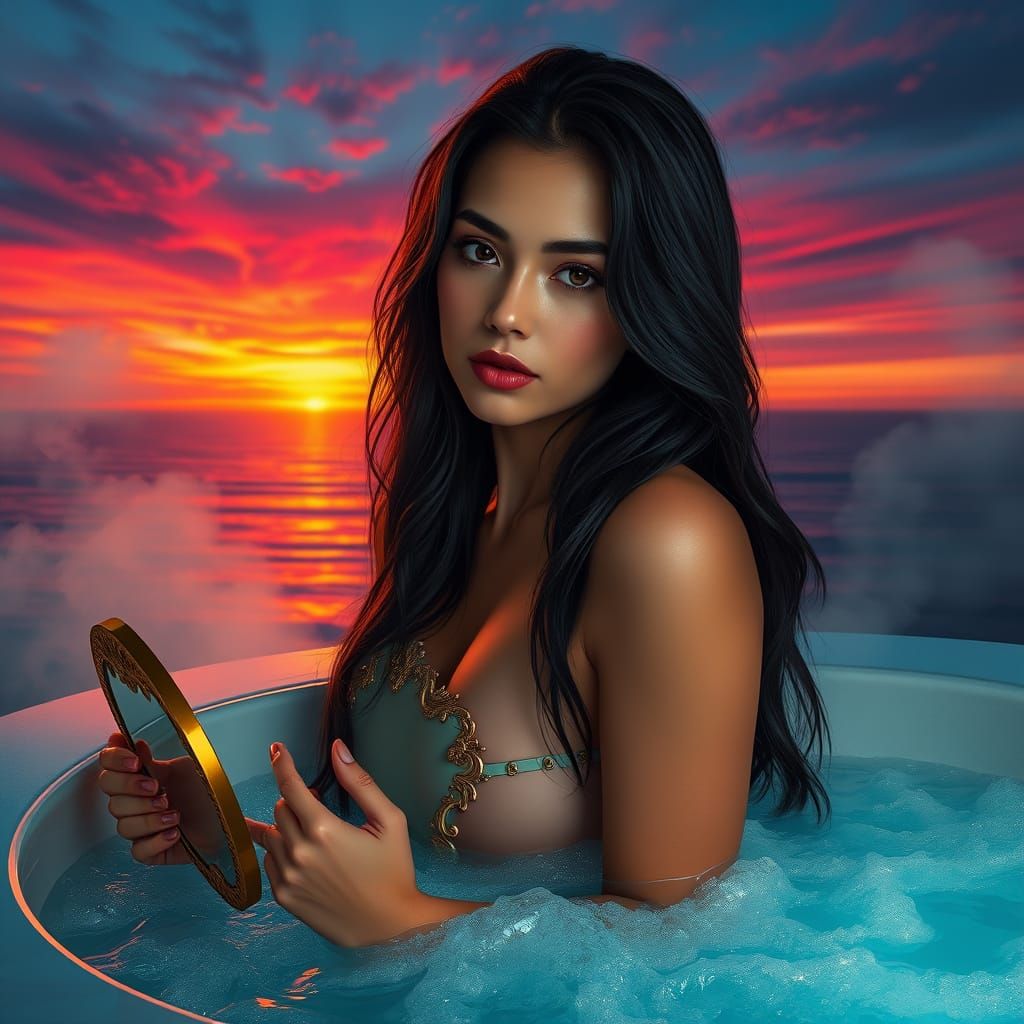 Young Woman Contemplating Sunset in Jacuzzi