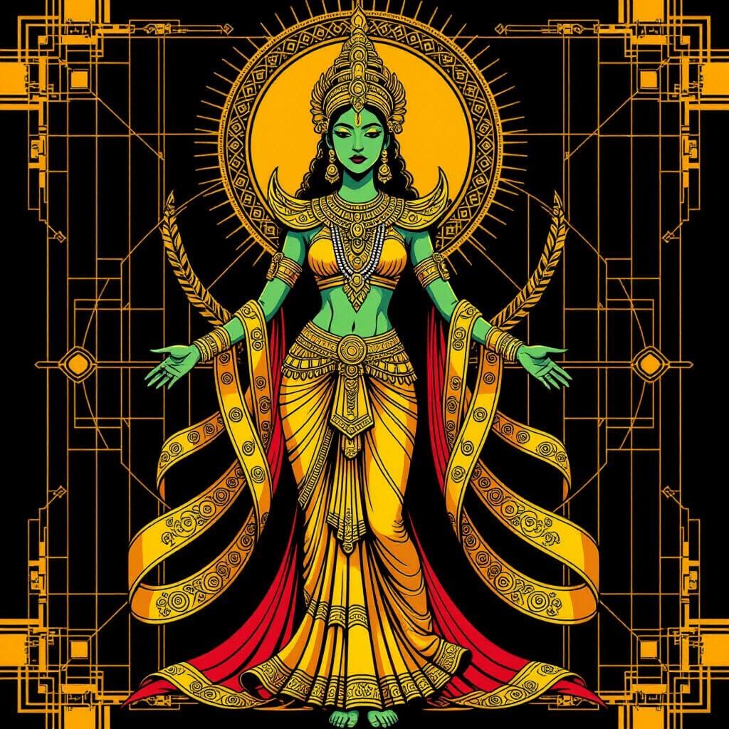 Goddess of Gold in Pop Art Style with Bauhaus Backdrop