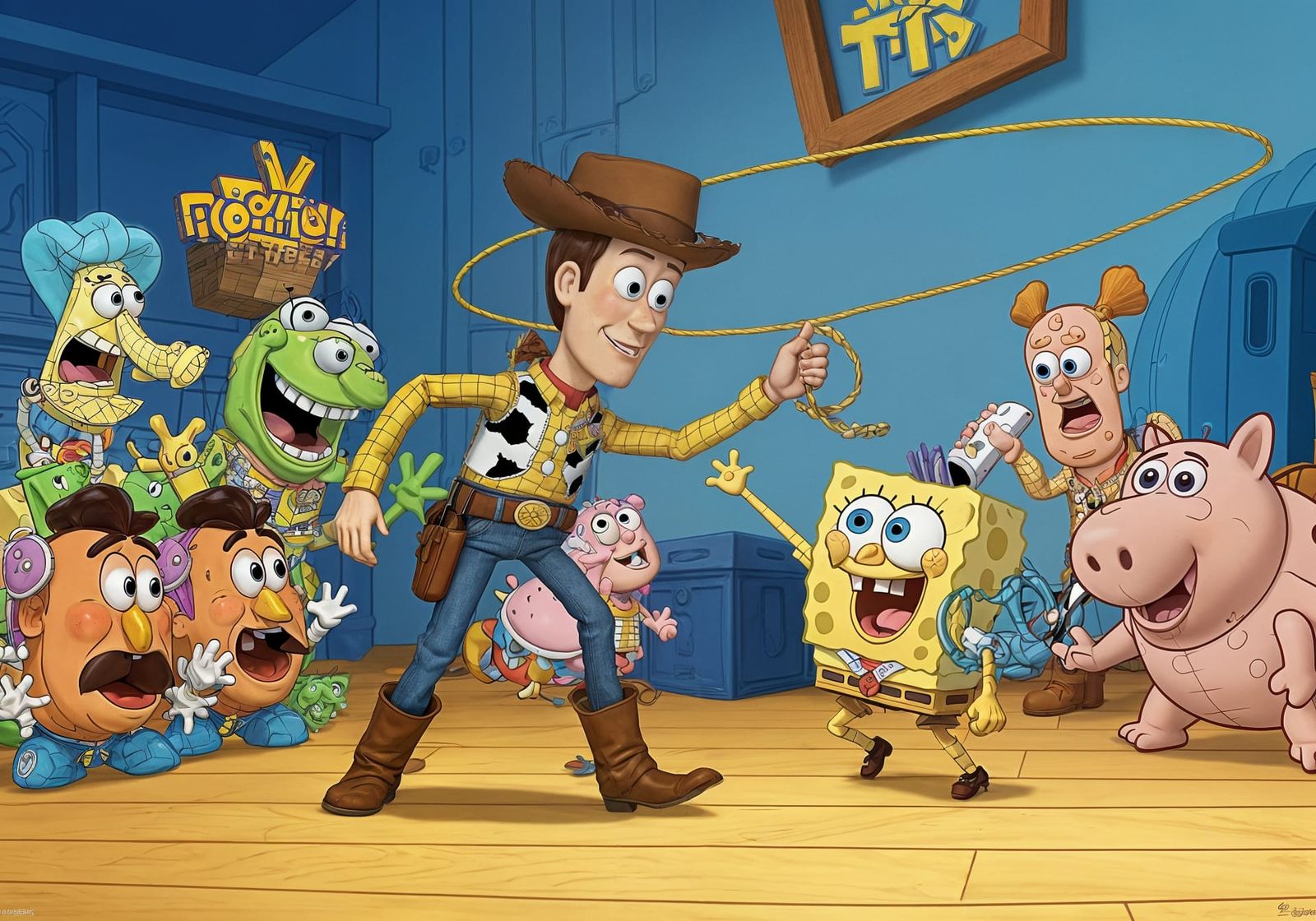 Woody Versus SpongeBob in Cartoon Toy Story