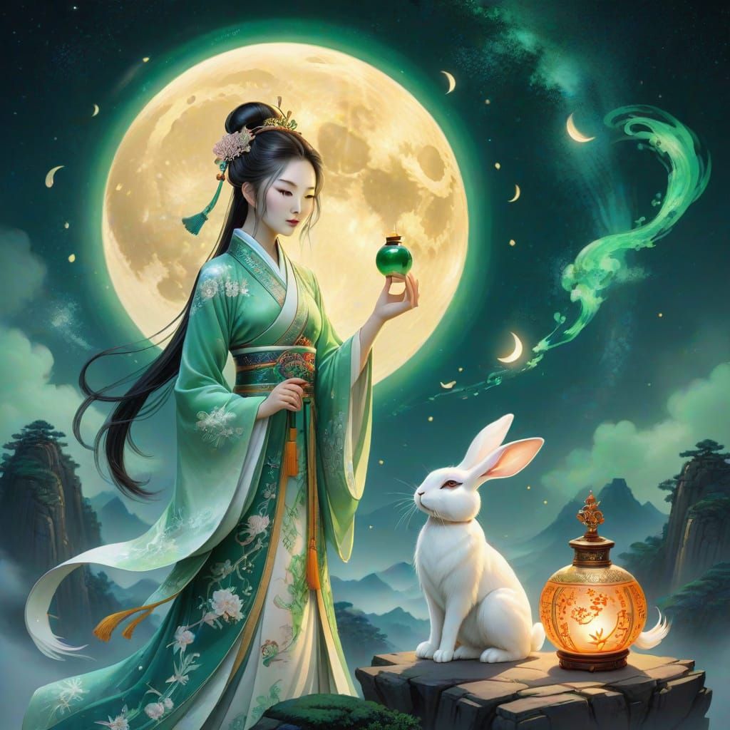 Chang'e and Jade Rabbit Under Milky Way in Chinese Ink Wash ...