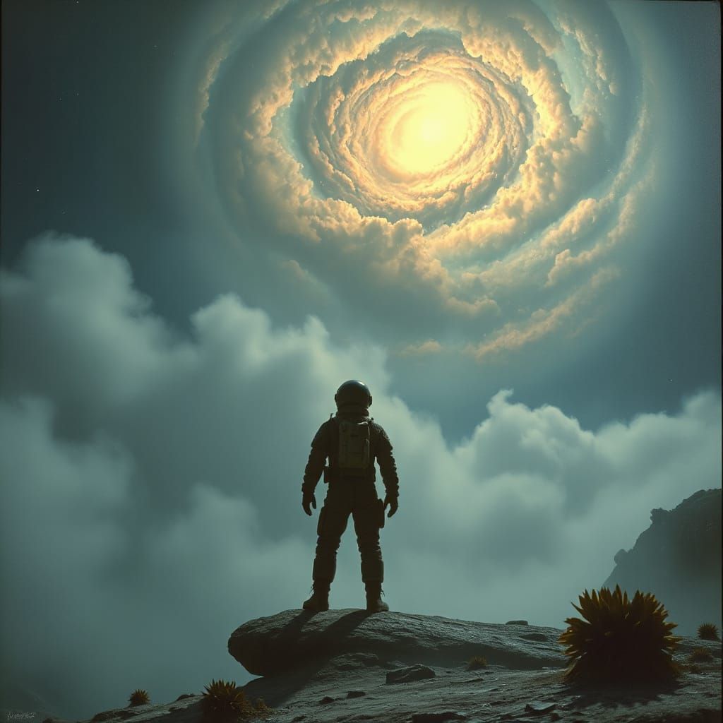 Astronaut Gazing at Nebula on Alien Planet