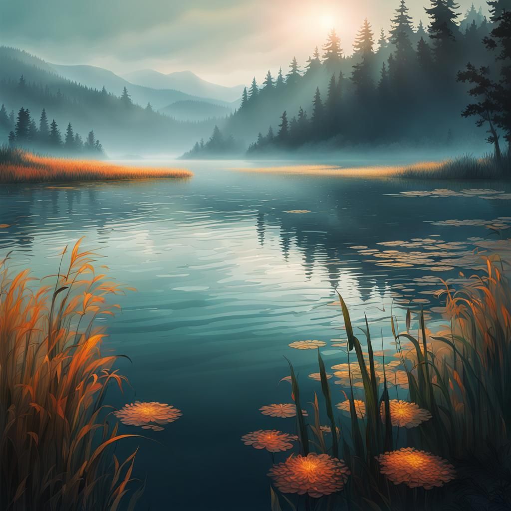 Forested Hills Above Windswept Lake: Dark Fantasy Concept