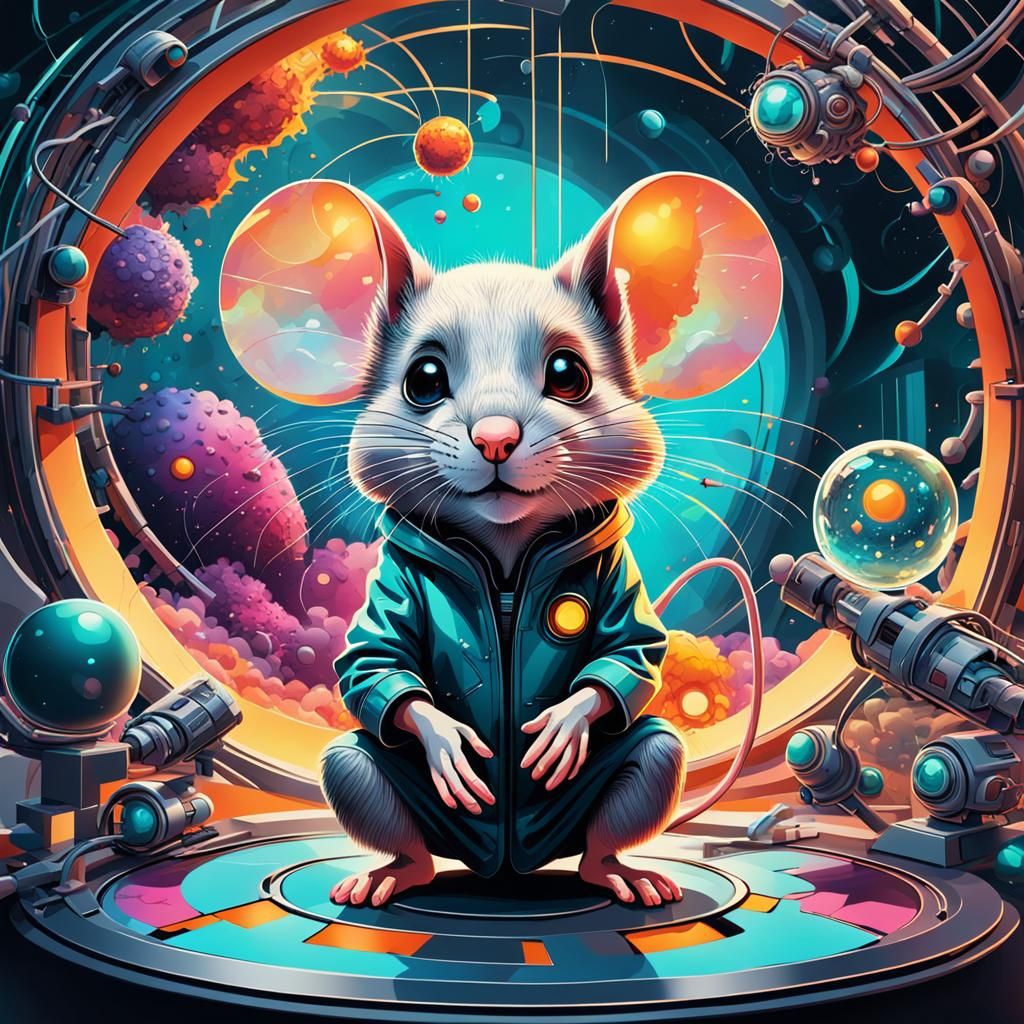 Futuristic Lab Scene with Mouse Scientist in Abstract Art