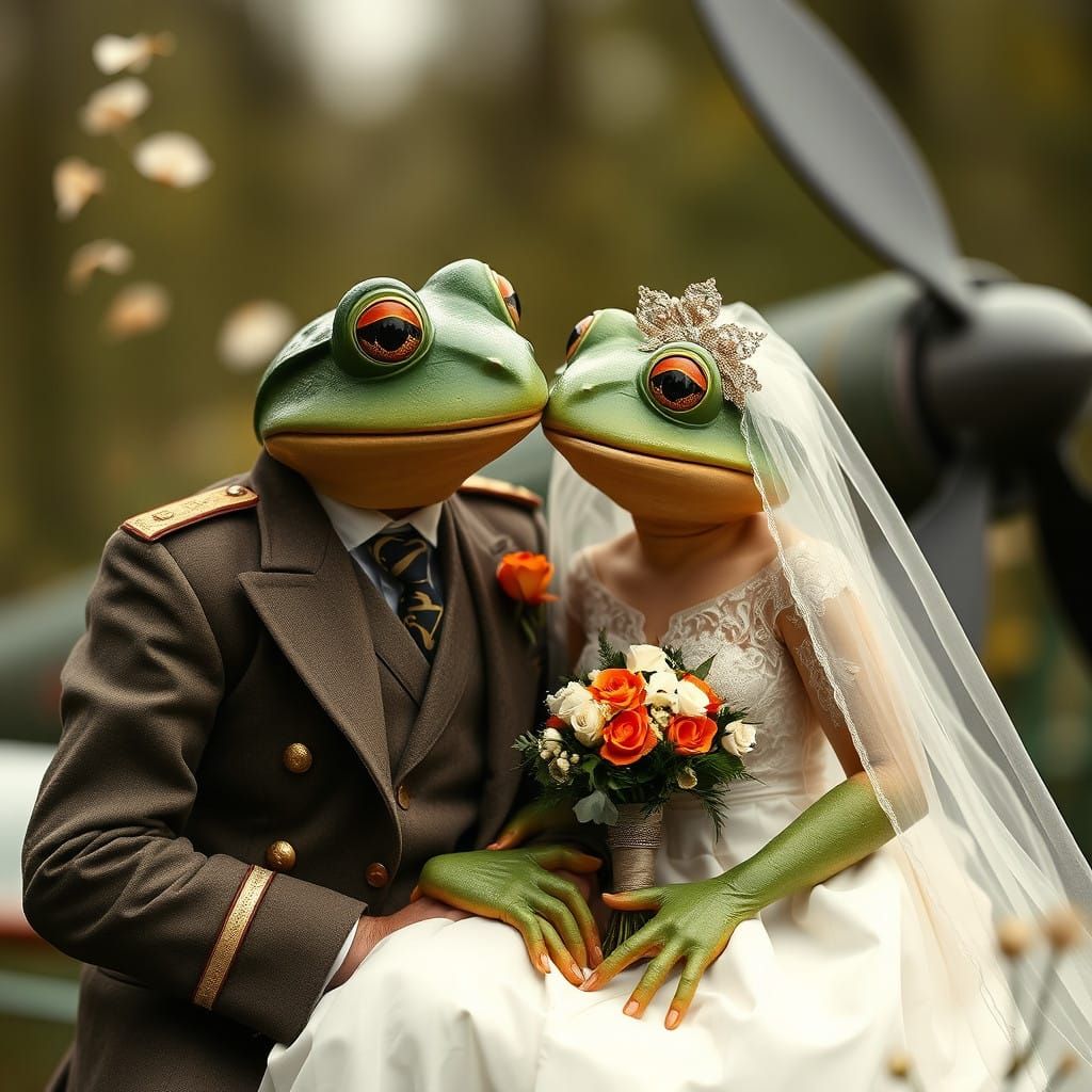 Whimsical Spring Wedding Scene in a War-Torn Landscape