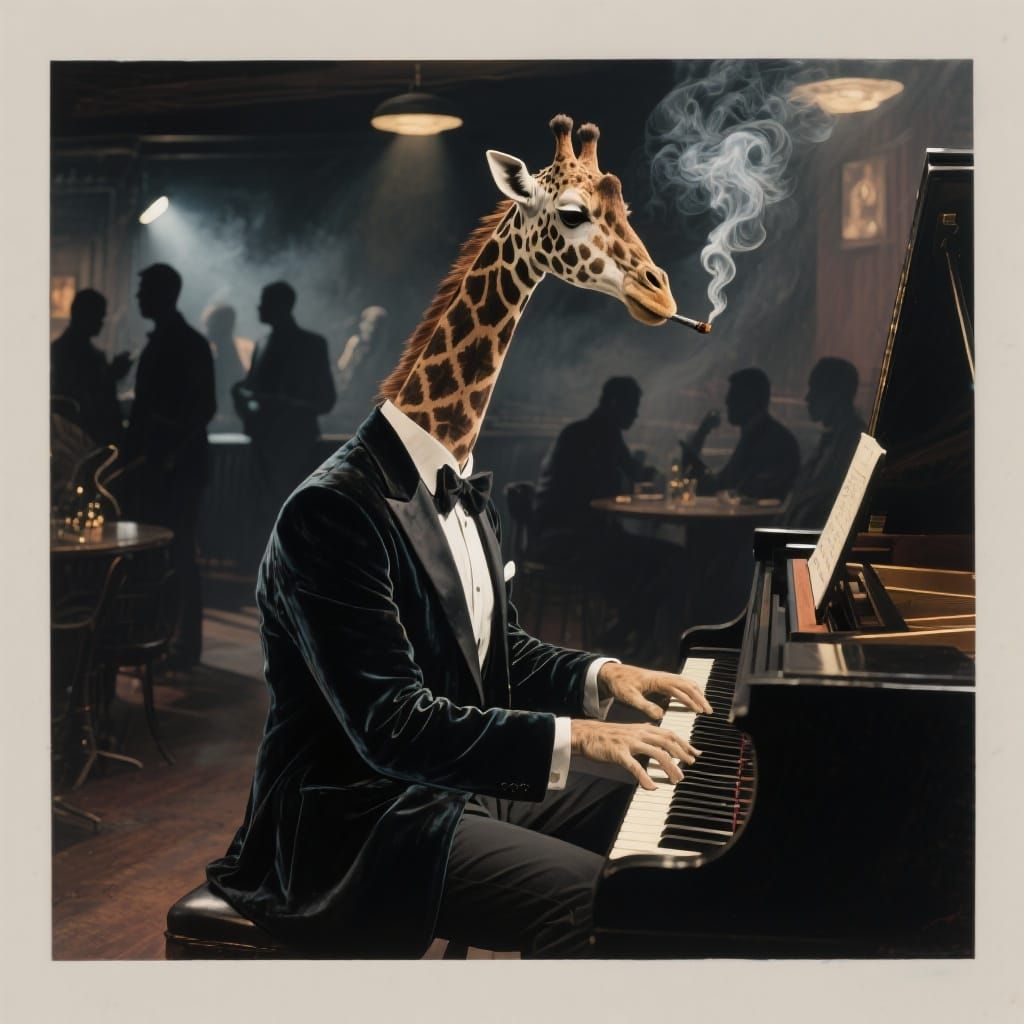 Sophisticated Giraffe Plays Piano in Jazz Club