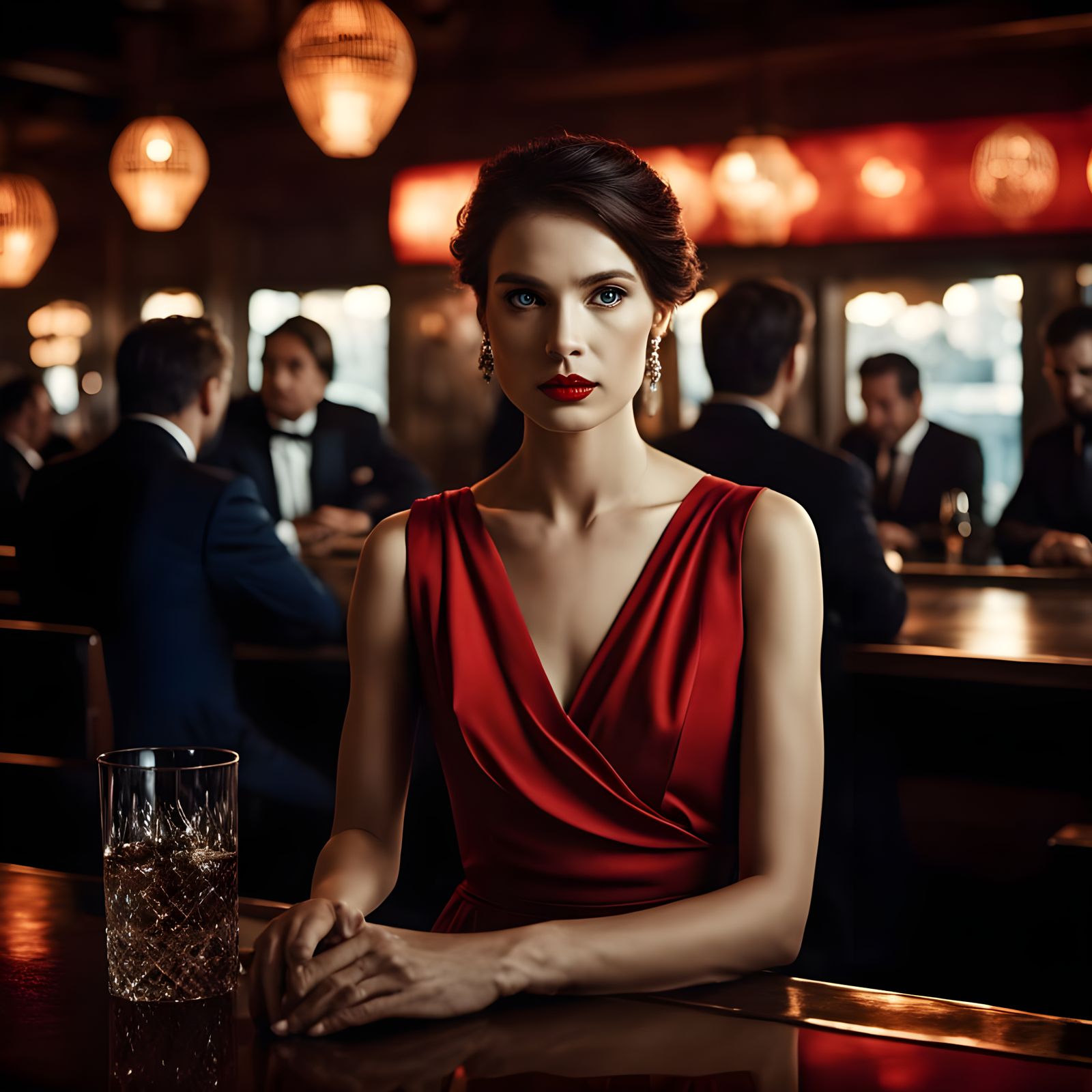 Sultry Woman in Red Captivates Bar Patrons in Close-Up Portr...