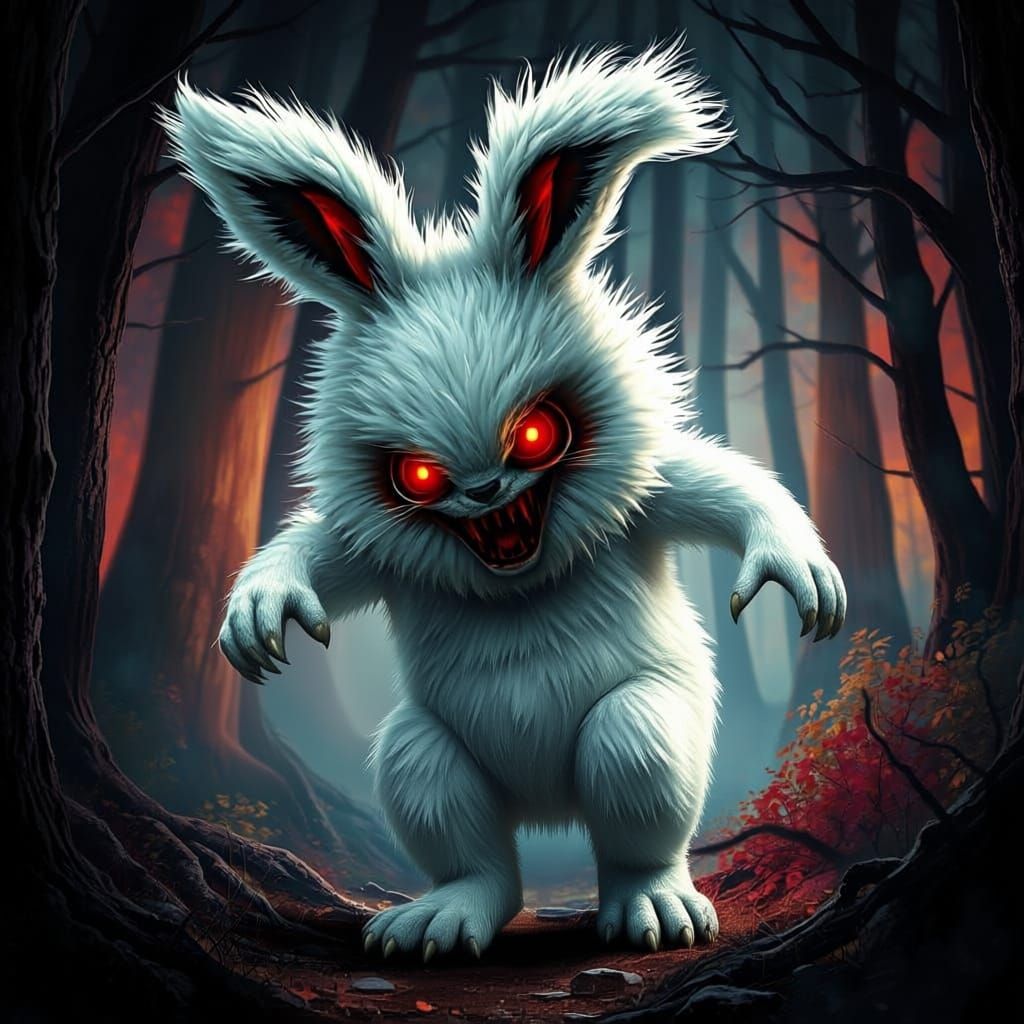 Creepy Bunnyman with Chainsaw in Dark Forest