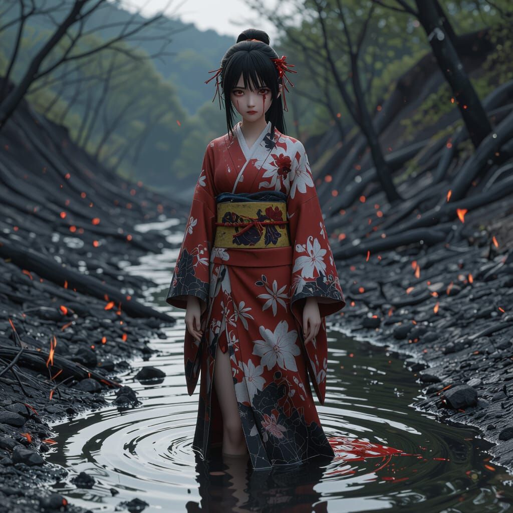 Anime Girl with Bloody Tears in Charred Landscape