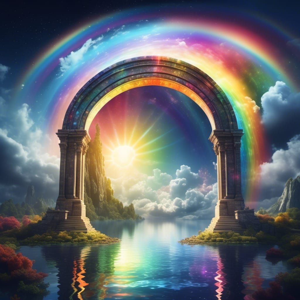 Hyperreal Rainbow Portal in Dark Fantasy Sky