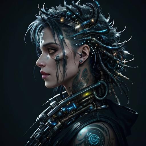Biopunk Woman with Bioluminescent Tattoos
