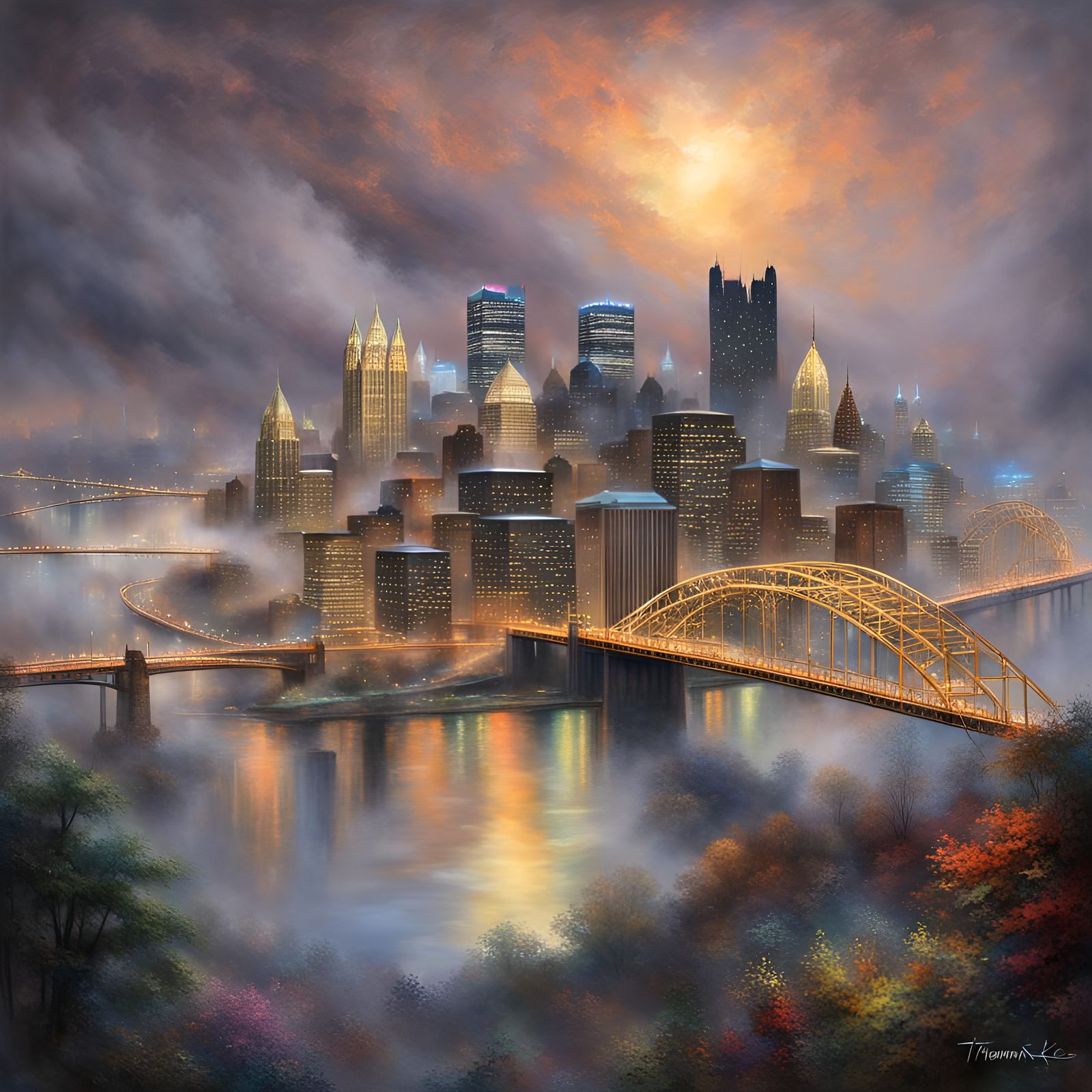 Pittsburgh Cityscape at Night in Ethereal Fantasy Style