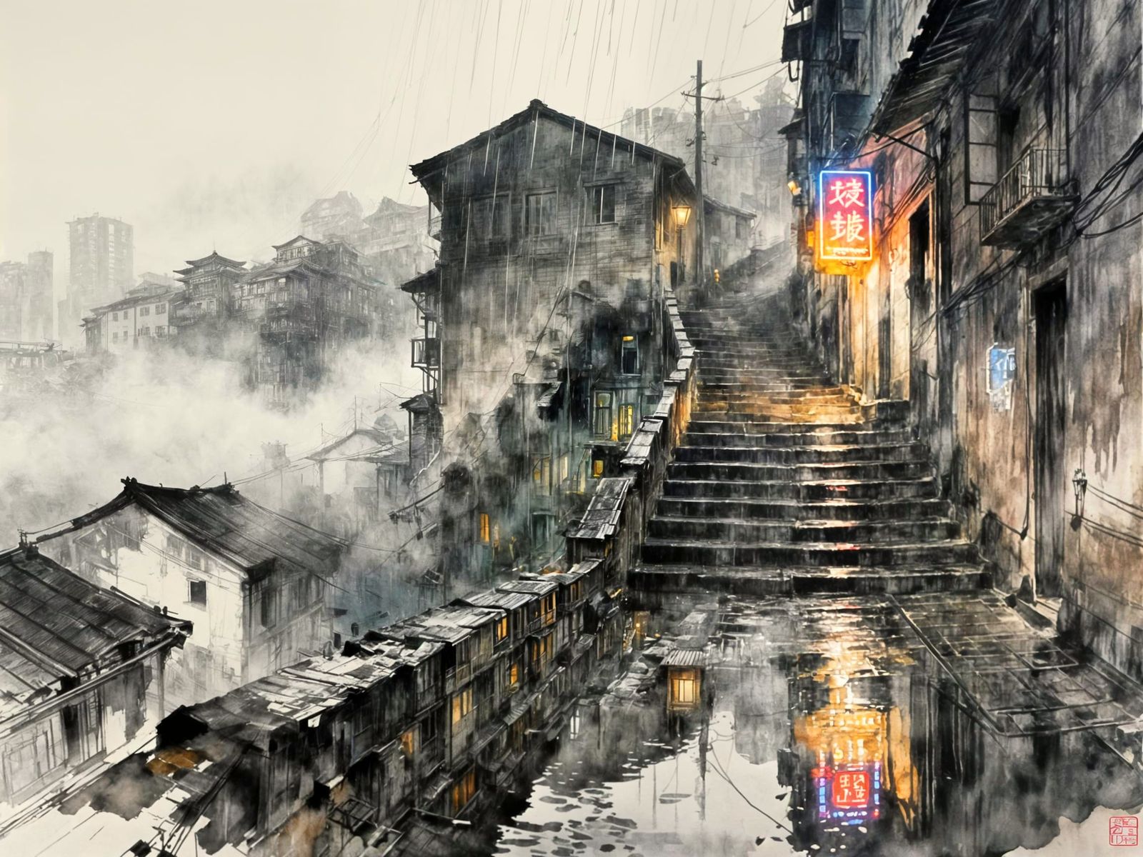 Chongqing Alley in Fog: Neon Reflections