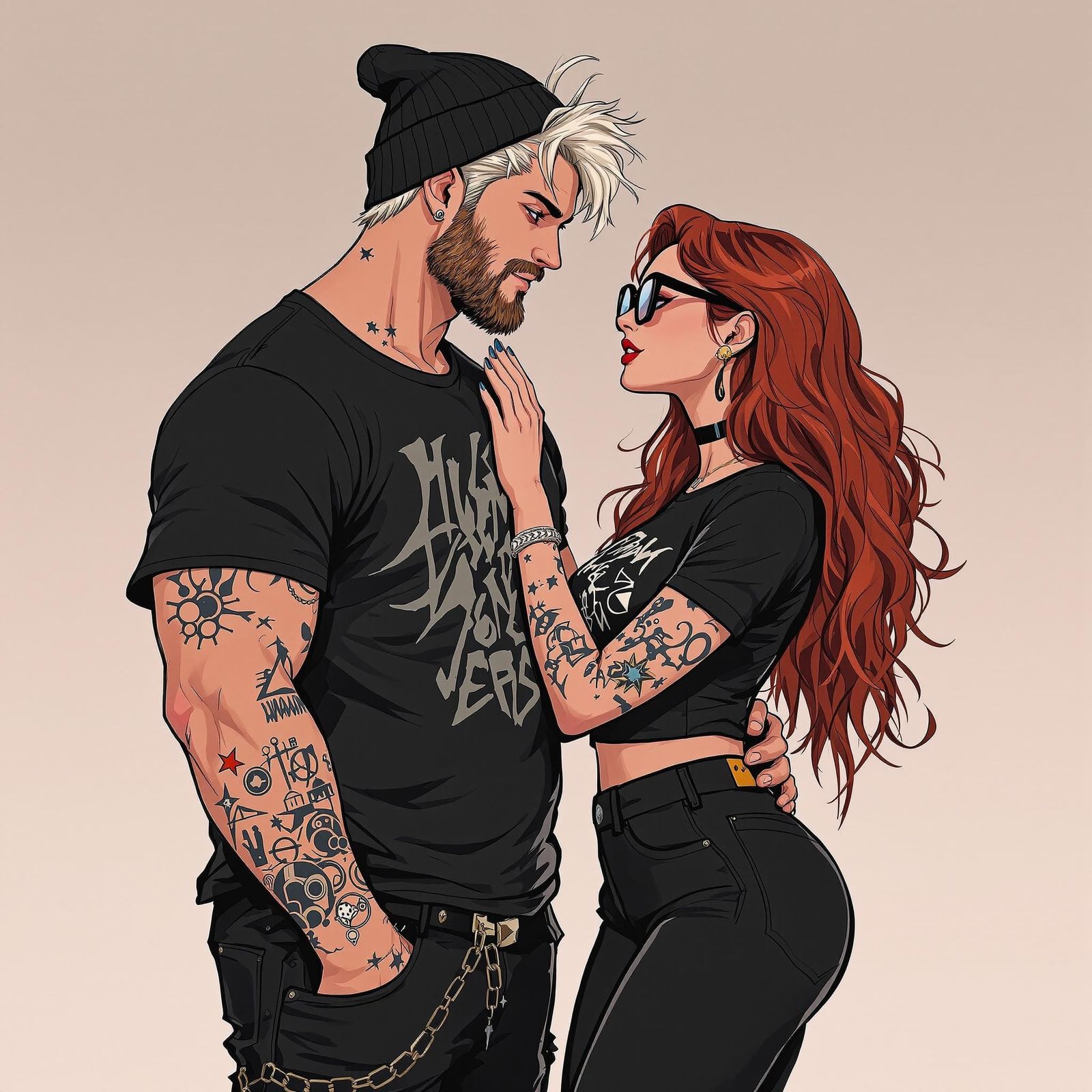 A handsome, chubby yet muscular, alternative guy with messy white blonde hair, a lip piercing, a soft 5 o'clock stubble ...