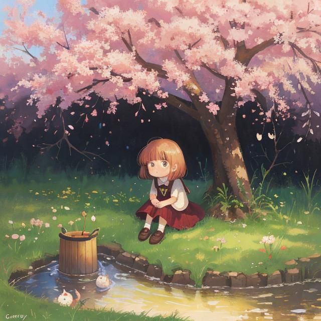 Sad Girl Under Cherry Tree Oil Painting