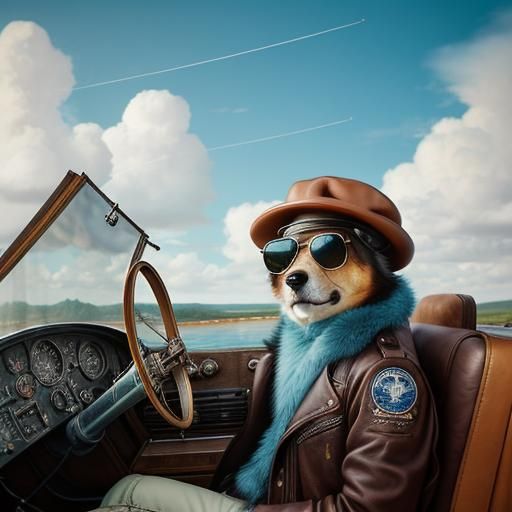 Dog Aviator in Antique Biplane, Whimsical Illustration