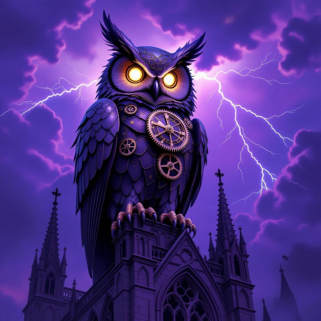Clockwork Owl on Gothic Cathedral Under Stormy Sky