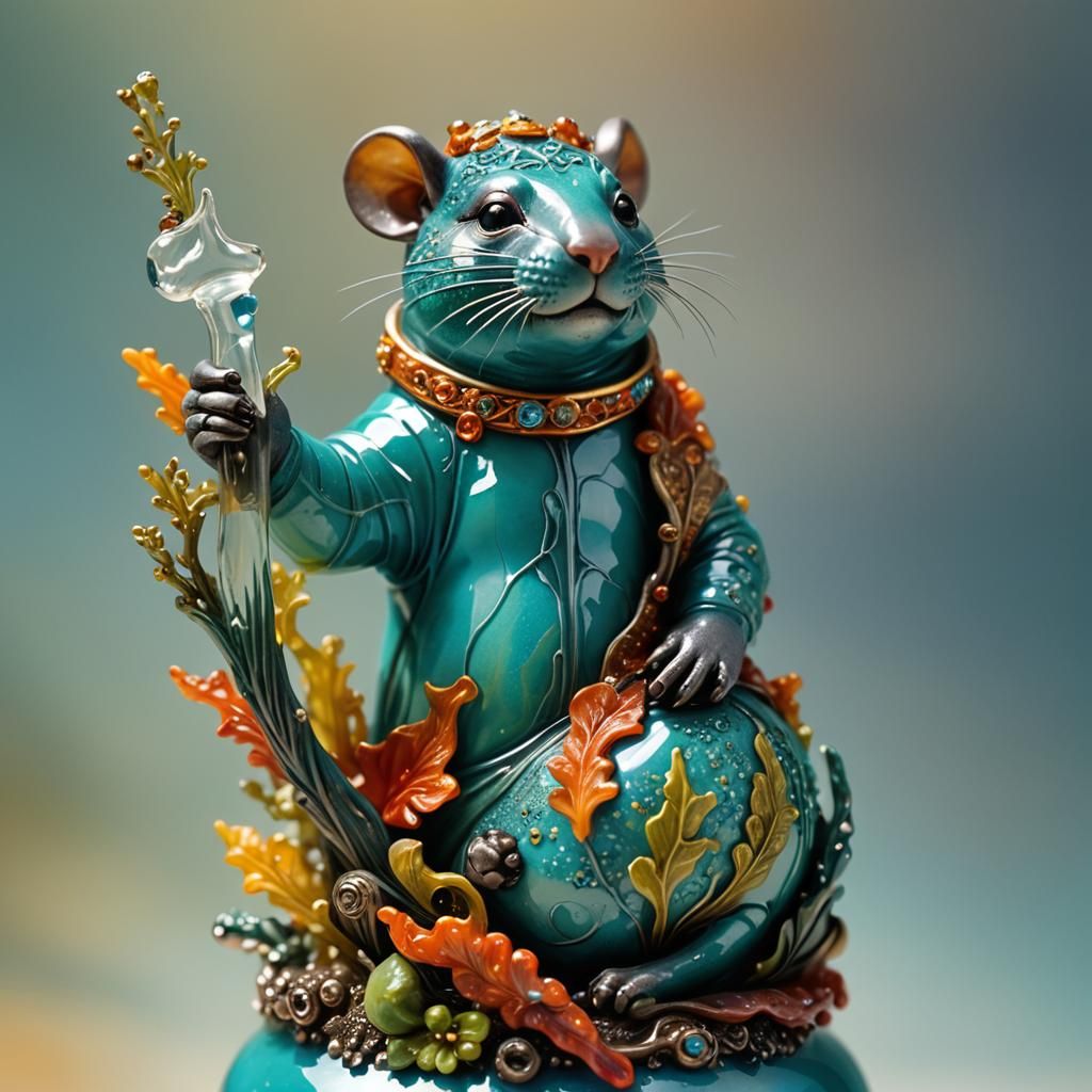Enamel Glass Rat Figurine with Bottle, Close-up