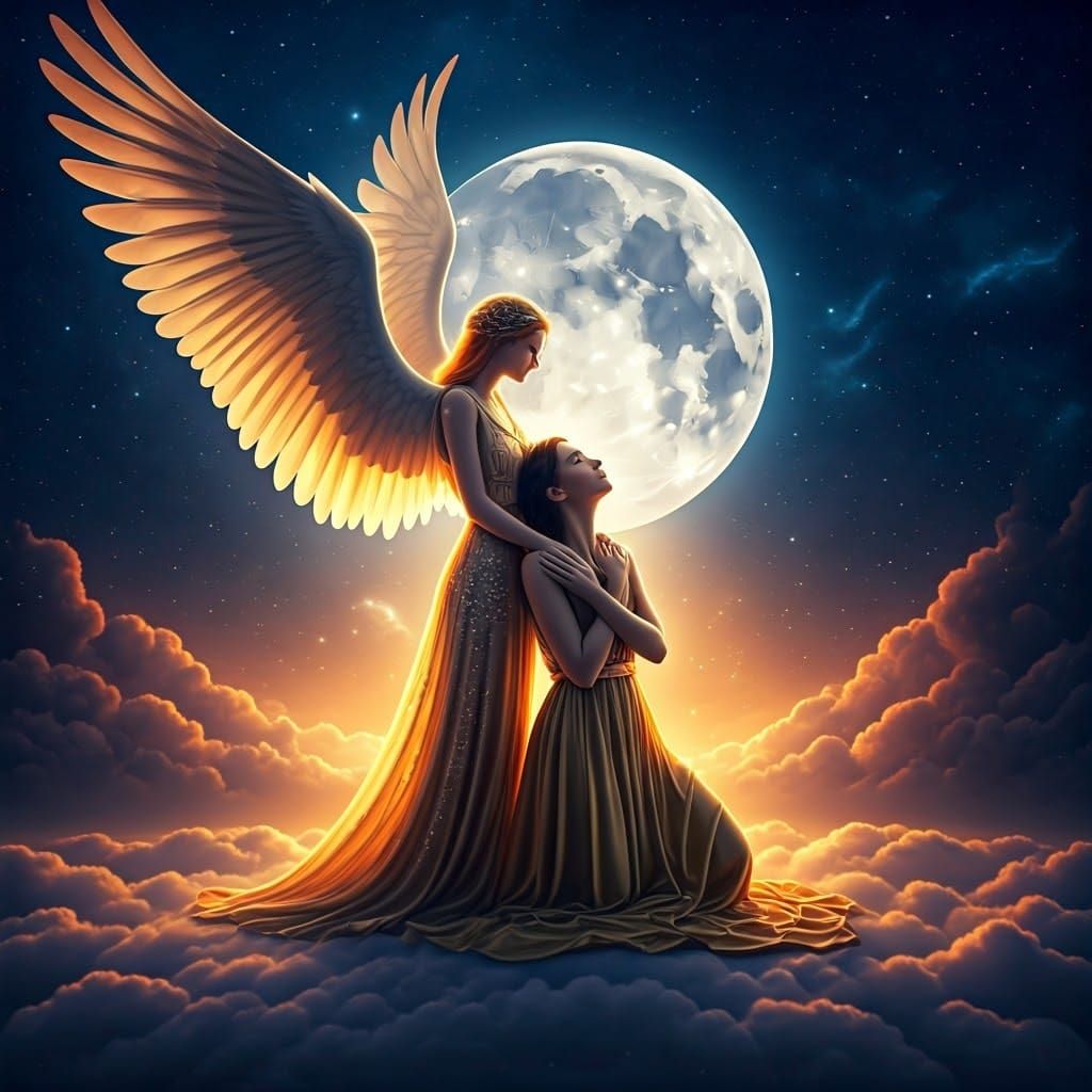 Celestial Angel Kneeling in Cosmic Landscape