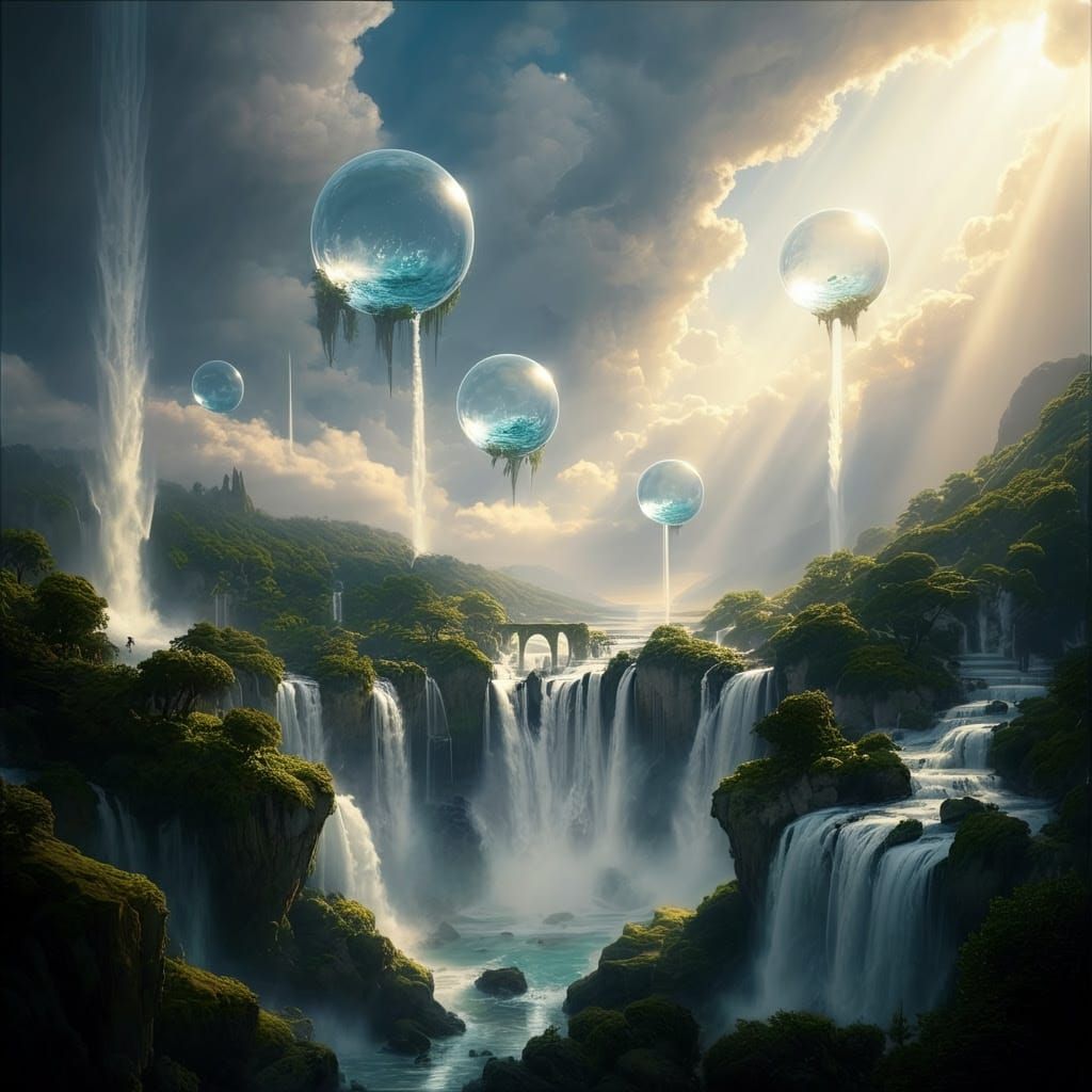 Surreal Waterfalls Cascade From Sky Orbs