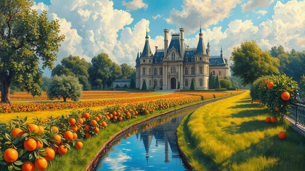 Luxury Chateau and Orange Farm in Expressionist Style