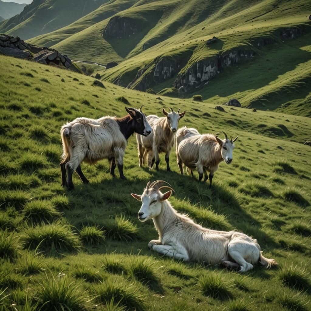 Goats Grazing on a Grassy Hillside in HDR