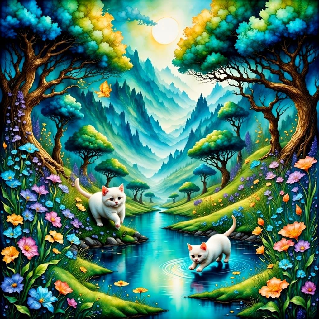 Turquoise Fantasy Realm with Kittens at Play